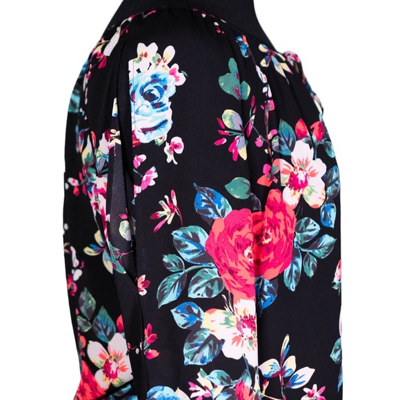 Express Women's Blouse Floral 3/4 Sleeve Keyhole Colorful Artsy Crop Top Small - Picture 9 of 10